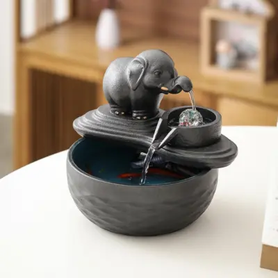 Artisanal Elephant Auspicious Zen Ceramic Water Fountain – Customizable Luxury Elephant Tabletop Decor for Elite Hotels and Modern Hospitality