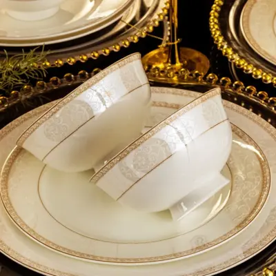 Luxury Customizable White and Gold Porcelain Dinnerware Set for High-End Hospitality – 56 Piece Premium Hotel Ceramic Collection