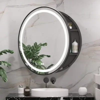 Luxurious Round Stainless Steel Smart LED Mirror Cabinet with Defogger for High-End Hotels – Customizable 60cm (24″), 70cm (28″), 80cm (32″)