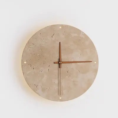Customizable Travertine and Wood Clock-Style Wall Sconce – Luxury Natural Stone Ambient Light with 3-Color Adjustable LED for High-End Hospitality and Boutique Interiors