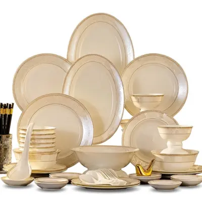 Luxury Customizable White and Gold Porcelain Dinnerware Set for High-End Hospitality – 56 Piece Premium Hotel Ceramic Collection