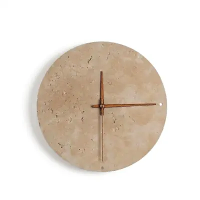 Customizable Travertine and Wood Clock-Style Wall Sconce – Luxury Natural Stone Ambient Light with 3-Color Adjustable LED for High-End Hospitality and Boutique Interiors