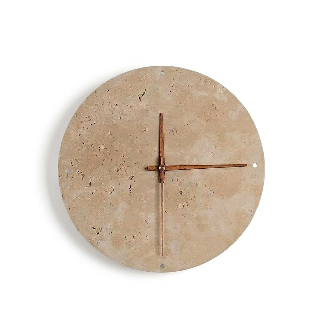 Customizable luxury yellow travertine and wood clock-style wall sconce with backlit 3-color adjustable LED light.