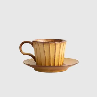 Premium Fluted Brown Ceramic Coffee Cup and Saucer Set – Customizable Luxury Hospitality and High-End Home Decor Tableware