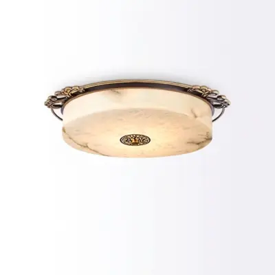 Classical European Luxury Alabaster Ceiling Light with Carved Brass Accents – Customizable