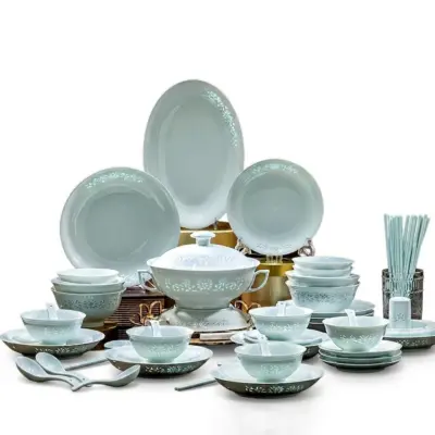 Luxury Customizable Celadon Green Porcelain Dinnerware Set for High-End Hotels – 70 Piece Grade A Ceramic Tableware Collection