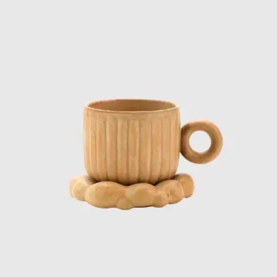 Premium Fluted Brown Ceramic Coffee Cup and Saucer Set – Customizable Luxury Hospitality Tableware