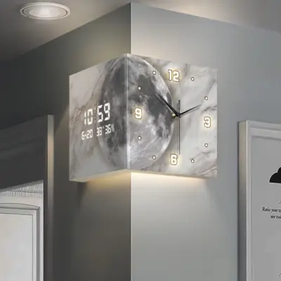 Lunar Marble Corner Wall Clock: Customizable Dual-Sided Timepiece for Luxury Hotels
