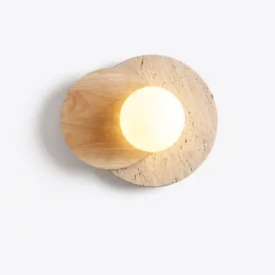 Customizable Alabaster and Solid Wood Wall Sconce – Natural Stone Spherical Luminaire with Black Walnut and Raw Wood Finishes for Luxury Hospitality and Boutique Interiors