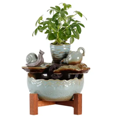 Artisanal Snail & Teapot Zen Ceramic Water Fountain – Customizable Luxury Tabletop Waterfall with Wooden Stand for High-End Hotels and Spas