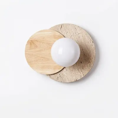 Customizable Alabaster and Solid Wood Wall Sconce – Natural Stone Spherical Luminaire with Black Walnut and Raw Wood Finishes for Luxury Hospitality and Boutique Interiors