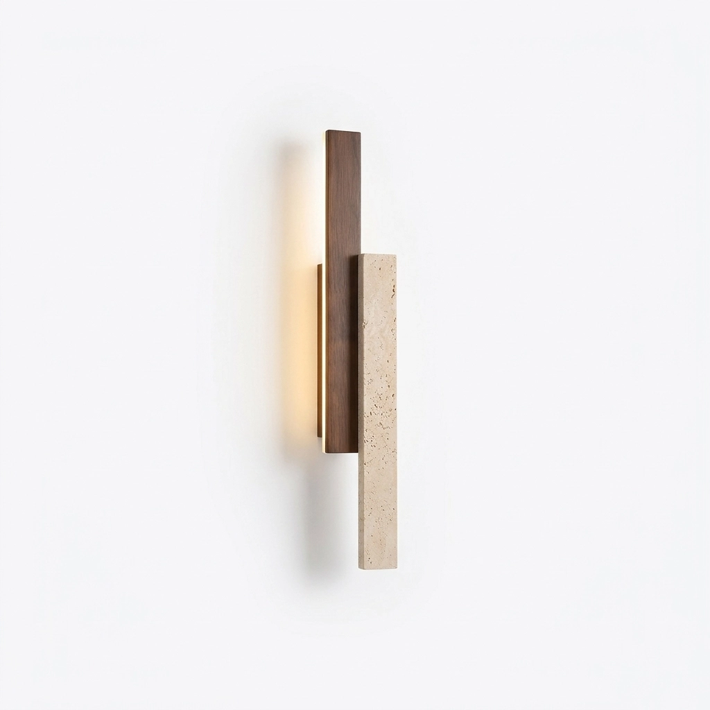 Customizable linear wall sconce made of yellow travertine and wood with full spectrum 3-color adjustable LED lighting.