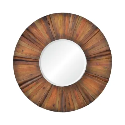 Luxurious Round Solid Wood Wall Mirror with Deep Brown Frame for High-End Hotels and Premium Hospitality