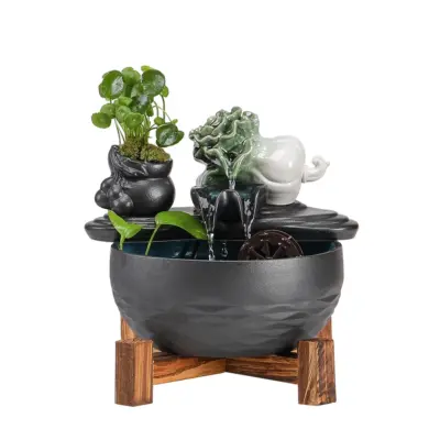 Artisanal PiXiu Guardian Zen Ceramic Water Fountain – Customizable Luxury Tabletop Decor with Wooden Stand for Global Hospitality & Executive Spaces