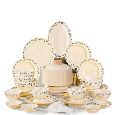 Luxury Customizable Cream Floral Porcelain Dinnerware Set for Boutique Hotels – 58 Piece Premium Ceramic Tableware