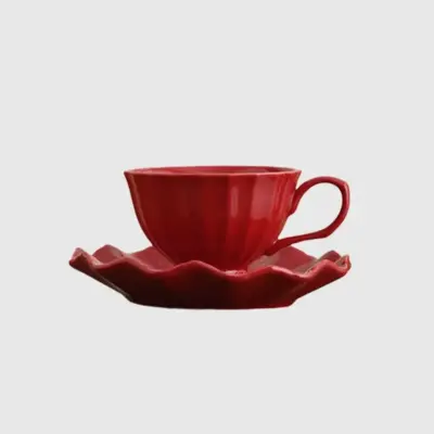 Premium Fluted Red Ceramic Coffee Cup and Saucer Set – Customizable Luxury Hospitality and High-End Home Decor Tableware
