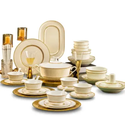 Luxury Customizable Pearl White Embossed Porcelain Dinnerware Set – 60 Piece Premium Hotel Grade Ceramic Tableware