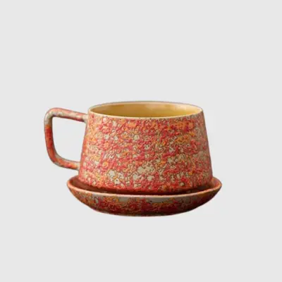 Premium Textured Red Ceramic Coffee Cup and Saucer Set – Customizable Luxury Hospitality Tableware