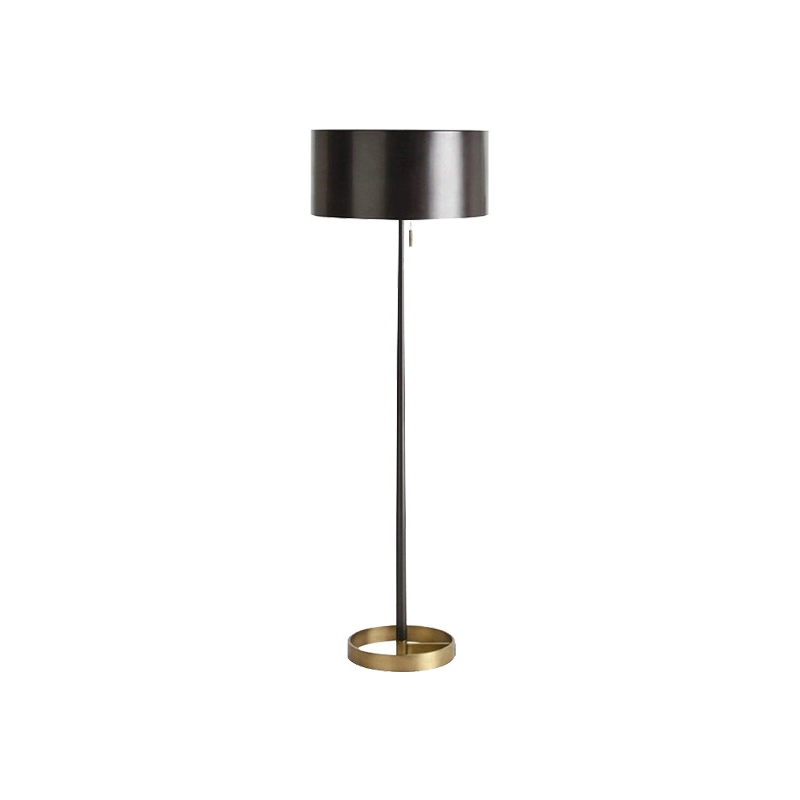 Luxury minimalist black iron floor lamp with black fabric drum shade and gold ring base for hotel suites.