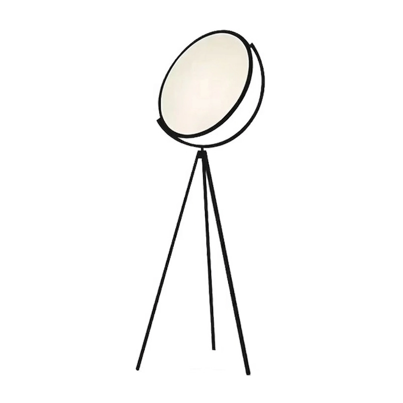 Luxury modern tripod floor lamp with oversized circular LED diffuser and black iron frame for hotel decor.