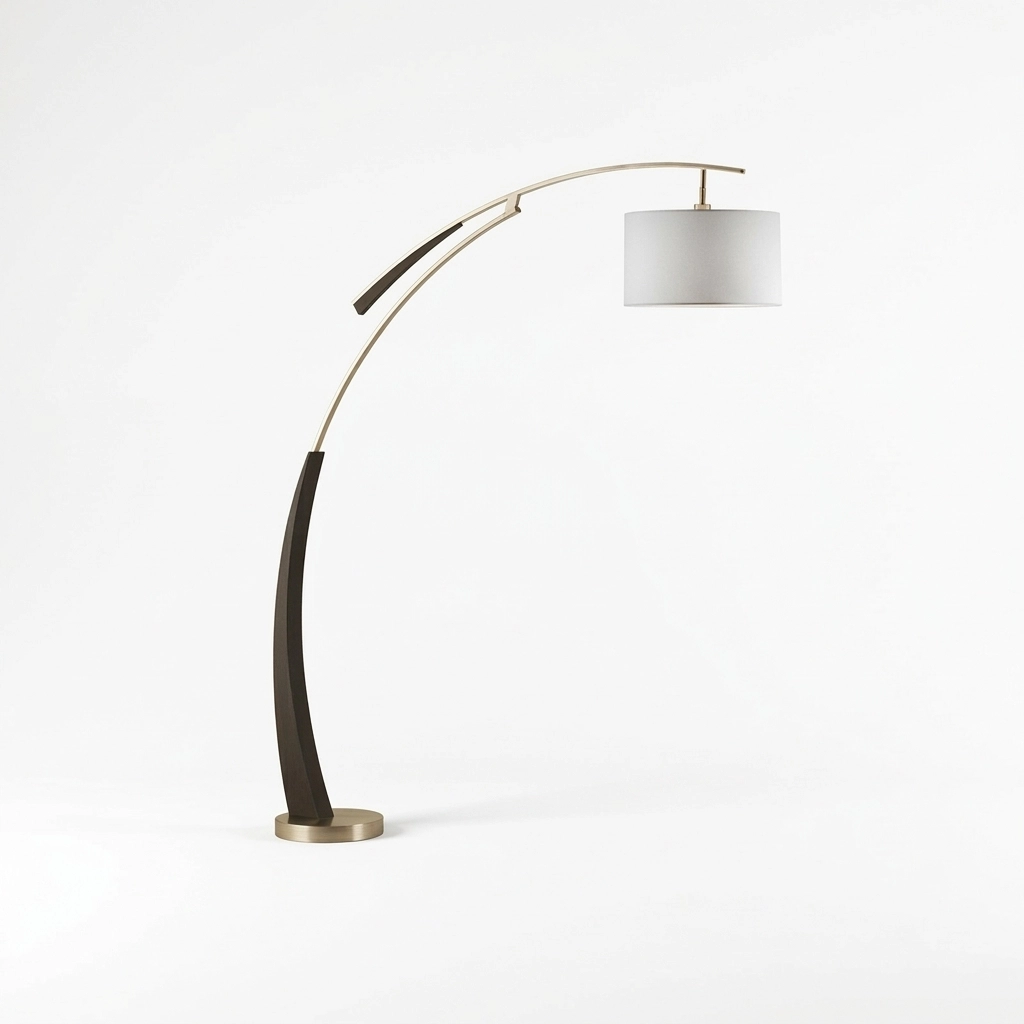 Nordic luxury arched arc floor lamp with black gold white tricolor fabric shade and gold iron stem for hotel suites.