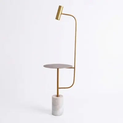Luxury Golden Floor Lamp with Integrated Side Table and Marble Base