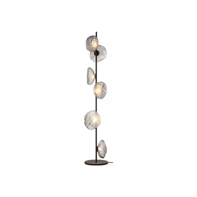 Luxury modern floor lamp with smoke grey organic glass diffusers and gold metal stem for hotel decor.