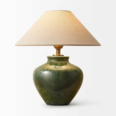 Emerald Forest Glazed Ceramic Table Lamp with AI Voice Control