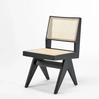 Solid Ash Wood Dining Chair with Indonesian Natural Rattan Backrest | Walnut & Black Oak Finish