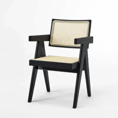 Solid Ash Wood Dining Chair with Indonesian Natural Rattan Backrest | Walnut & Black Oak