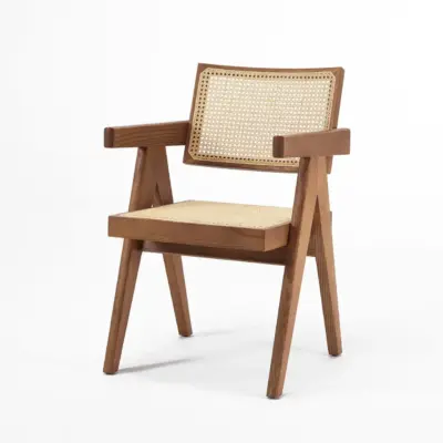 Solid Ash Wood Dining Chair with Indonesian Natural Rattan Backrest | Walnut & Black Oak