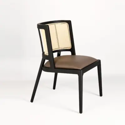 Black Oak Solid Ash Wood Dining Chair with Indonesian Rattan Backrest