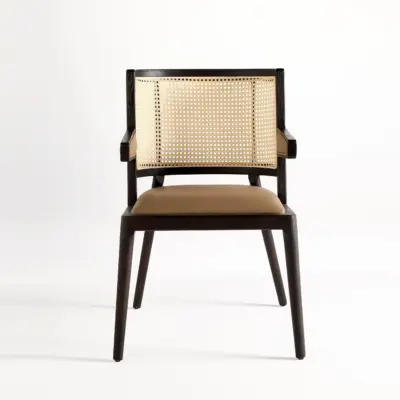 Black Oak Solid Ash Wood Dining Chair with Indonesian Rattan Backrest