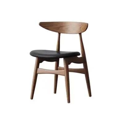 Mid-Century Modern Solid Rubberwood Dining Chair with Curved Backrest and Padded Leatherette Seat