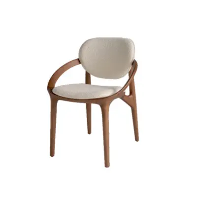 Mid-Century Modern Solid Ash Wood Armchair with White Bouclé Upholstery and Sculptural Curved Backrest