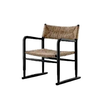 Contemporary Solid Ash Wood Armchair with Hand-Woven Kraft Paper Cord Seat and Industrial Sled Base