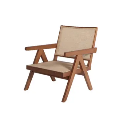 Mid-Century Modern Solid Rubberwood Lounge Chair with Hand-Woven Indonesian Rattan Backrest and Seat