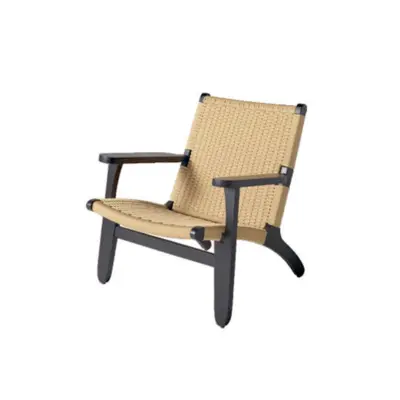 Mid-Century Modern Solid Rubberwood Lounge Chair with Hand-Woven Kraft Paper Cord Seat and Backrest