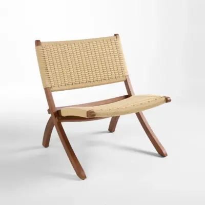 Mid-Century Modern Solid Rubberwood Lounge Chair with Hand-Woven Kraft Paper Cord Seat and Sculptural Frame
