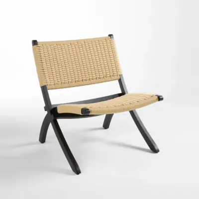 Mid-Century Modern Solid Rubberwood Lounge Chair with Hand-Woven Kraft Paper Cord Seat and Sculptural Frame