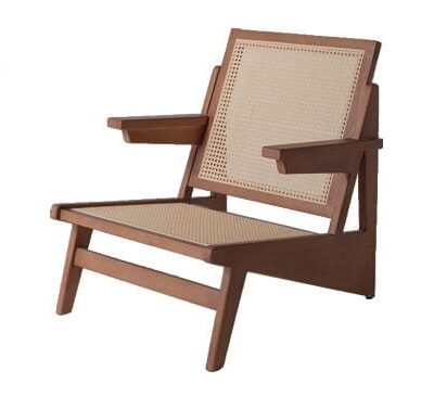 Mid-Century Modern Solid Rubberwood Lounge Chair with Hand-Woven Indonesian Rattan Backrest and Seat