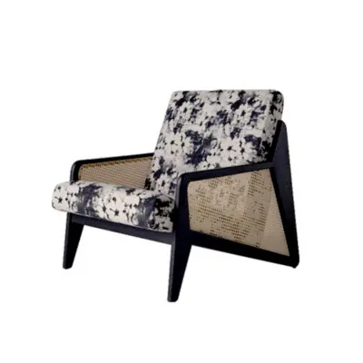 Mid-Century Modern Solid Rubberwood Lounge Chair with Indonesian Natural Rattan Sides and Premium Fabric Upholstery