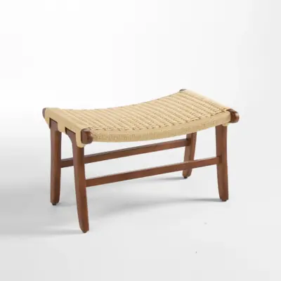 Mid-Century Modern Solid Rubberwood Bench with Hand-Woven Kraft Paper Cord Seat and Architectural V-Leg Frame
