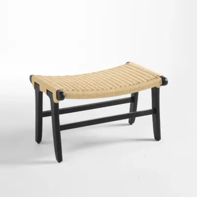 Mid-Century Modern Solid Rubberwood Bench with Hand-Woven Kraft Paper Cord Seat and Architectural V-Leg Frame