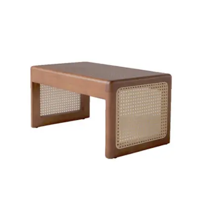 Mid-Century Modern Solid Rubberwood Bench with Hand-Woven Indonesian Natural Rattan Seat and V-Leg Architectural Frame