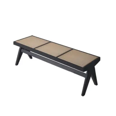 Mid-Century Modern Ash Wood Bench with Natural Indonesian Rattan Weave