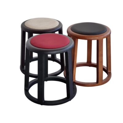 Mid-Century Modern Solid Ash Wood Round Stool with Premium Fabric Upholstery