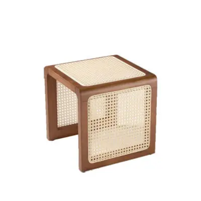 Mid-Century Modern Rubberwood Square Stool with Natural Indonesian Rattan Inlay