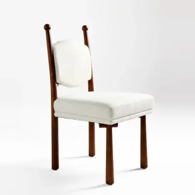 Mid-Century Modern Rubberwood Dining Chair with Cream Bouclé Upholstery and Walnut Finish
