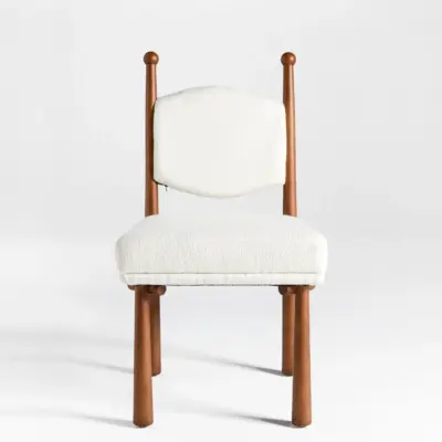 Mid-Century Modern Rubberwood Dining Chair with Cream Bouclé Upholstery and Walnut Finish